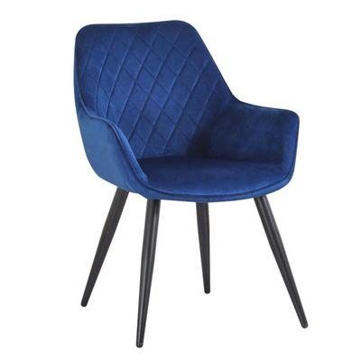 Chaises à manger rembourrées en bleu velours avec des jambes en métal noir